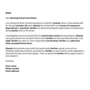 Plantilla de carta de recomendación de escuela de enfermería, carta de recomendación de escuela de enfermería, plantilla de recomendación de escuela de enfermería, plantilla de Word