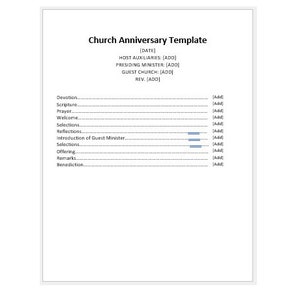 May include: A white Church Anniversary Template document with text fields for details like date, host, and guest church. The document includes sections for devotion, scripture, prayer, welcome, and remarks.