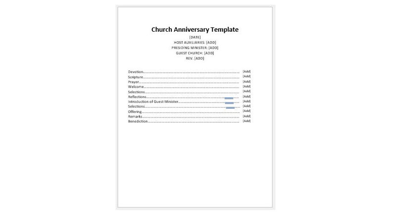 May include: A white Church Anniversary Template document with text fields for details like date, host, and guest church. The document includes sections for devotion, scripture, prayer, welcome, and remarks.