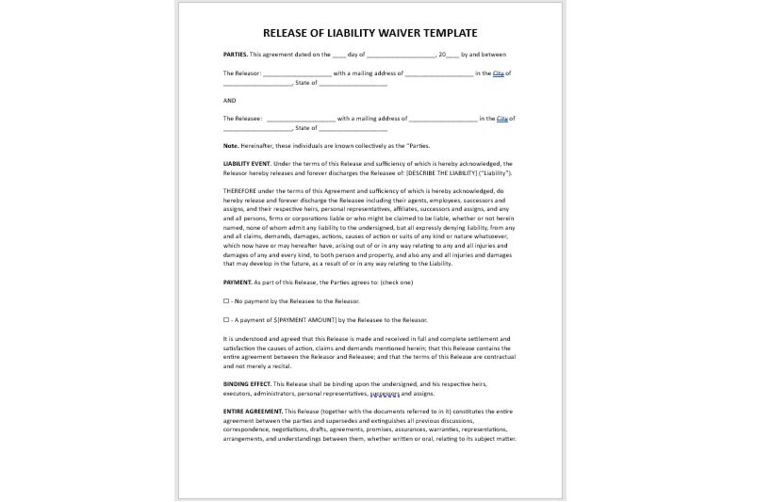 Editable Release of Liability, Release of Liability Template, Liability