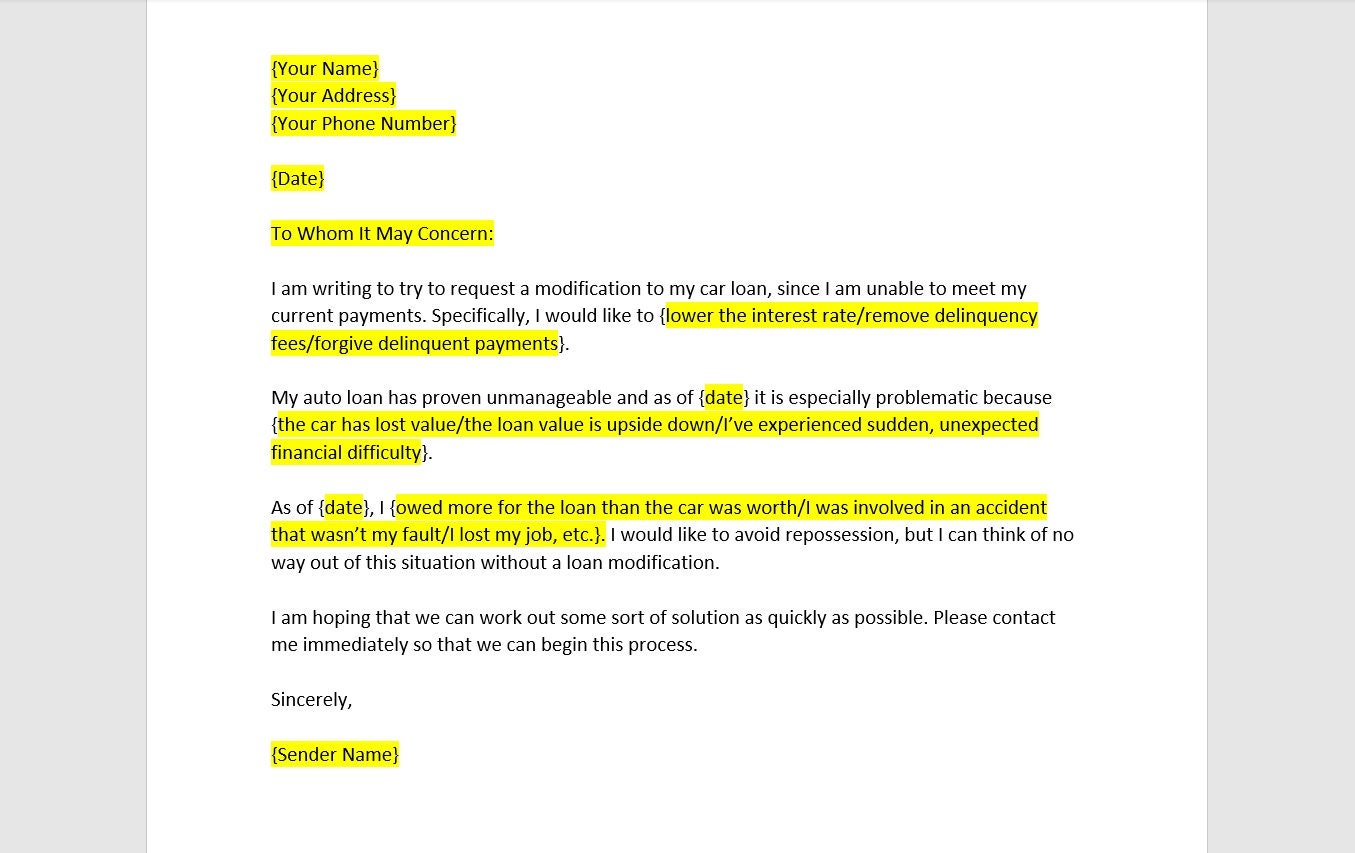 Hardship Letter Auto Loan Modification Template, Hardship Letter Auto