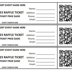 Peut inclure: Trois billets de tombola noirs et blancs avec le texte "CONCERT EVENT NAME HERE", "2023 RAFFLE TICKET", "TICKET PRICE $ADD" et "EVENT'S WEBSITE HERE". Chaque billet comporte un espace vide pour un nom, une adresse, un numéro de téléphone et une adresse e-mail. Chaque billet comporte également un code QR noir et blanc.