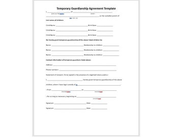 Editable Guardianship Agreement Template, Temporary Guardianship Agreement Template, Agreement Template, Simple Template, Word Template