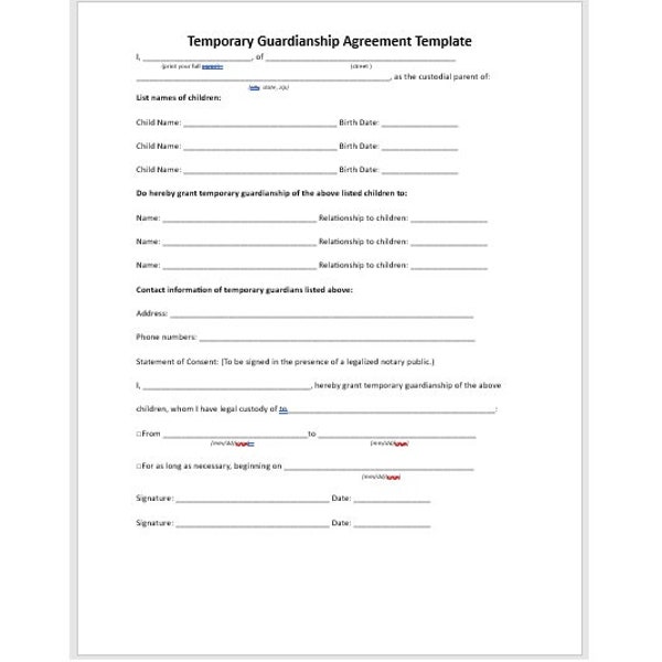 Editable Guardianship Agreement Template, Temporary Guardianship Agreement Template, Agreement Template, Simple Template, Word Template