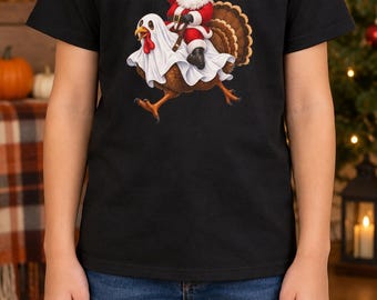 Santa Riding Turkey Kids Tee | Christmas Shirt | Funny Halloween Ghost Turkey | Holidays Shirt | Santa Shirt | Ghost Halloween Shirt