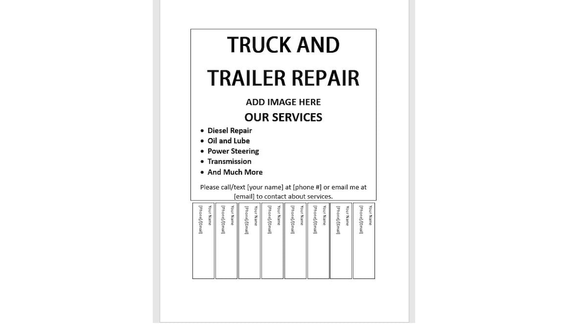 Editable Truck and Trailer Repair Tearoff Flyer, Truck and Trailer