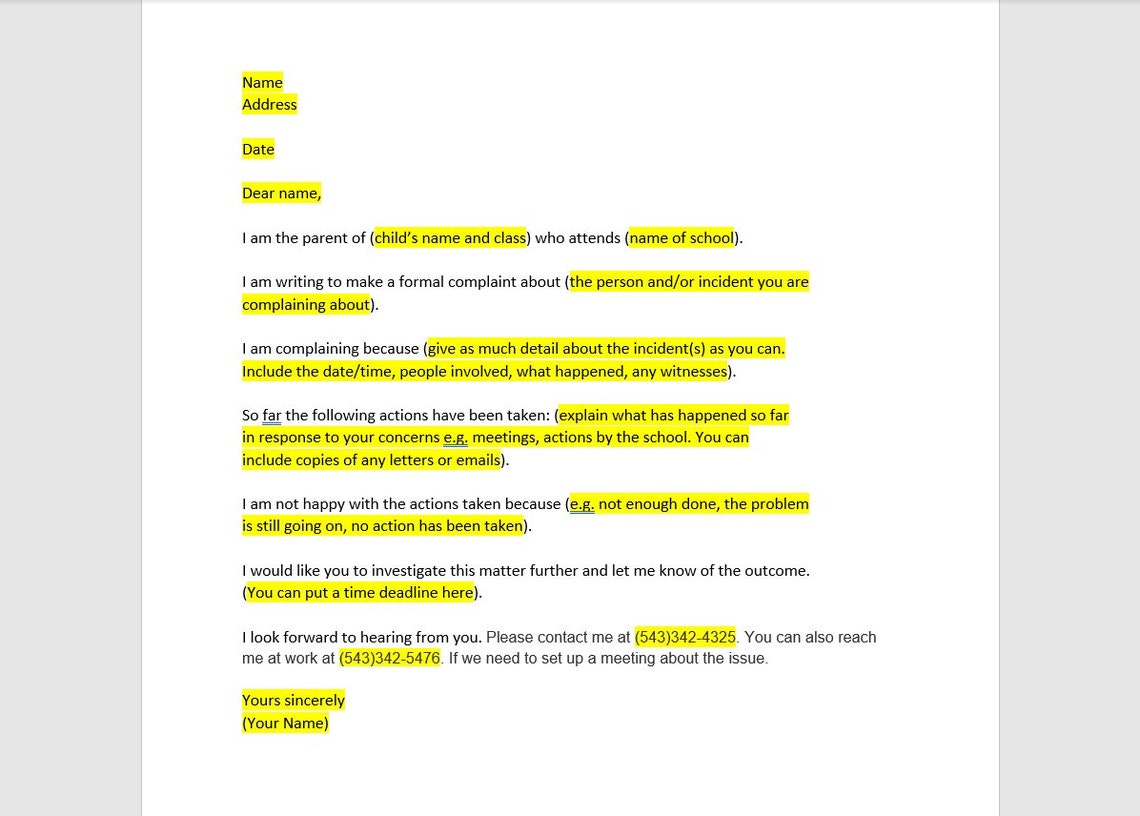 School Complaint Letter To Teacher Template School Complaint Letter 