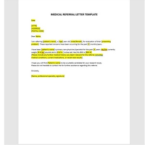 Puede incluir: Una plantilla de carta de derivación médica con campos para completar con la información del paciente, incluyendo nombre, edad, sexo, problema que presenta y antecedentes médicos. La carta está dirigida a un profesional médico.