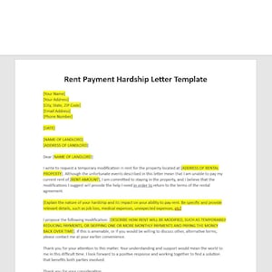 Plantilla de carta de dificultad de pago de alquiler editable, carta de dificultad de pago de alquiler, carta de dificultad, carta de dificultad para el propietario, plantilla de Word
