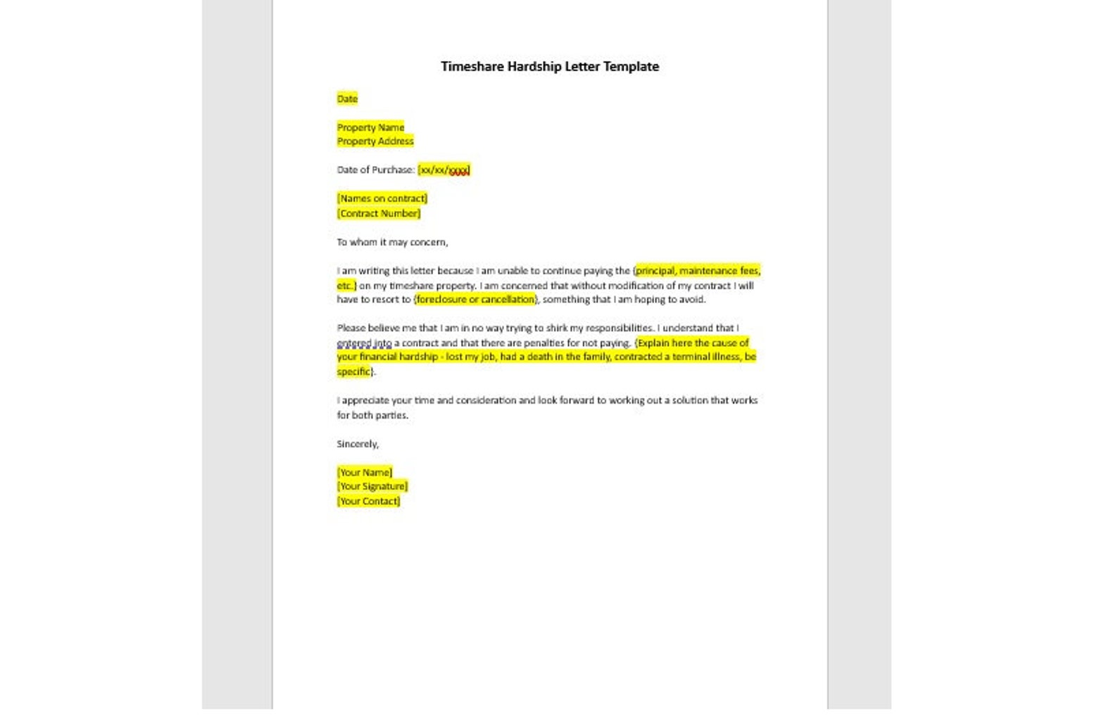 Editable Timeshare Hardship Letter Template, Timeshare Hardship Editable Timeshare Hardship Letter Template, Timeshare Hardship