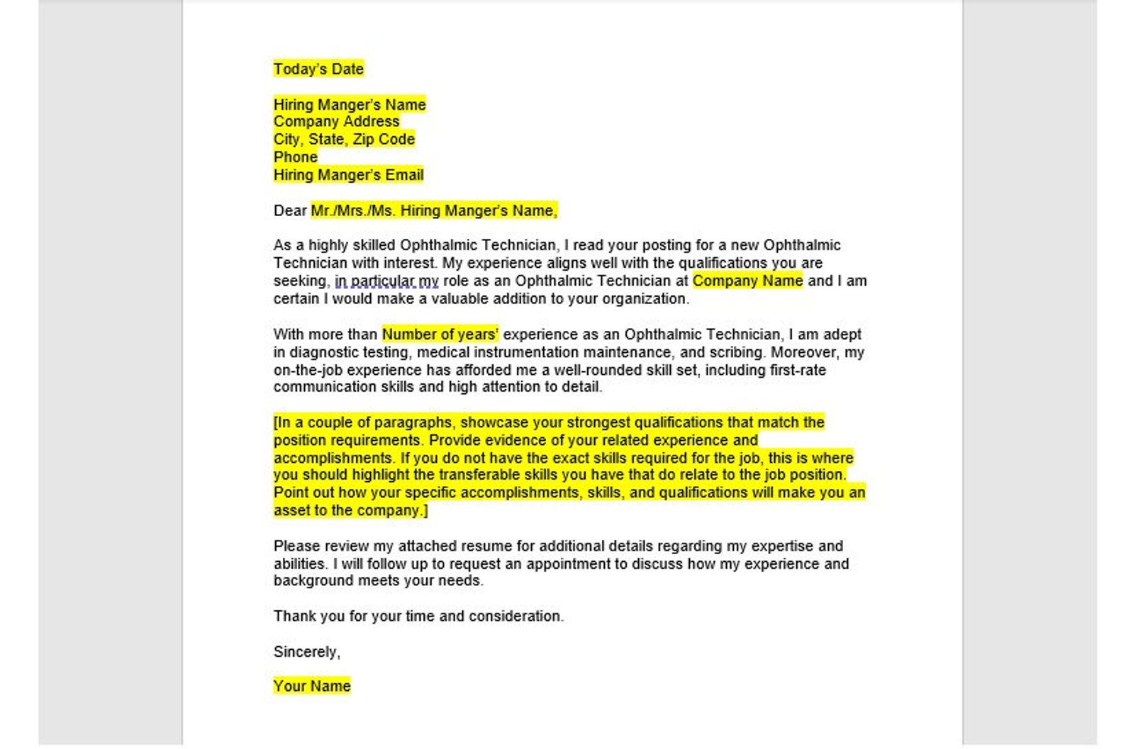 Ophthalmic Technician Cover Letter Cover Letter Template Etsy