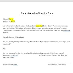 Formulário de juramento ou afirmação de notário, modelo de formulário de juramento ou afirmação de notário, juramento ou afirmação de notário, carta simples, modelo do Word