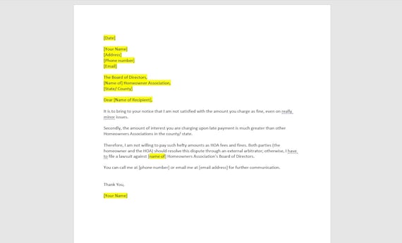 Modello di lettera di contestazione per avviso di violazione HOA, lettera di contestazione di notifica di violazione HOA, lettera di contestazione ...