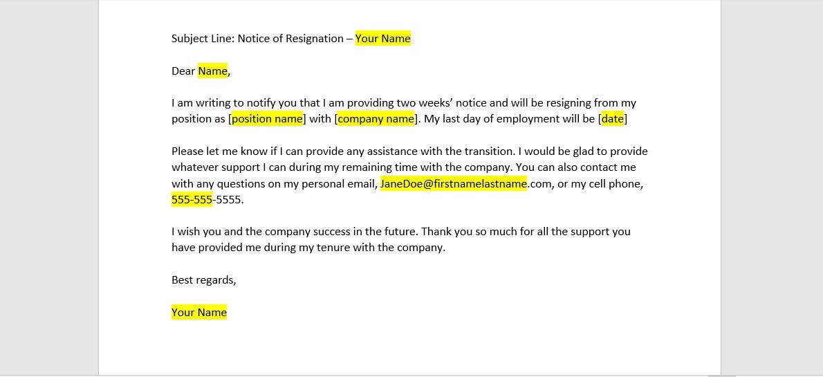 Two Weeks Notice Email Template, Two Weeks Notice Email, Two Weeks