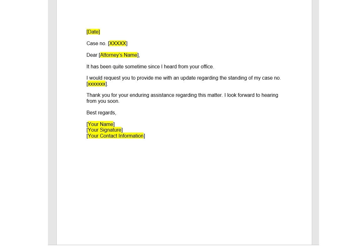 Letter to attorney requesting case update letter to attorney