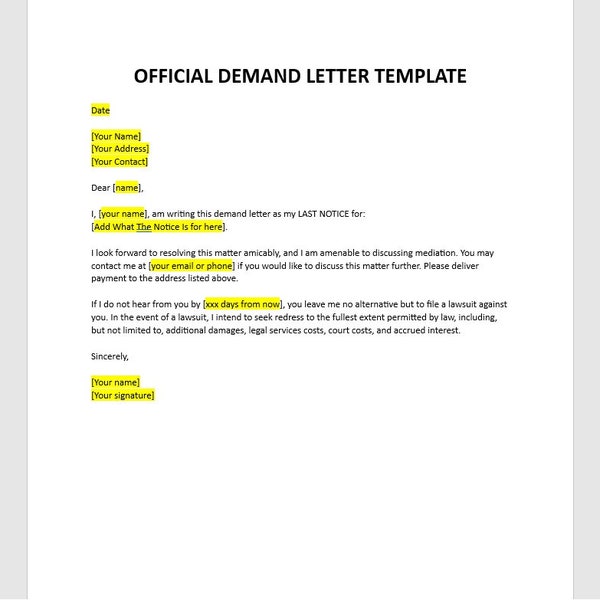 Editable Demand Letter Template , Demand Letter Template, Demand Letter, Demand Template, Letter Template, Word Template, Simple Letter
