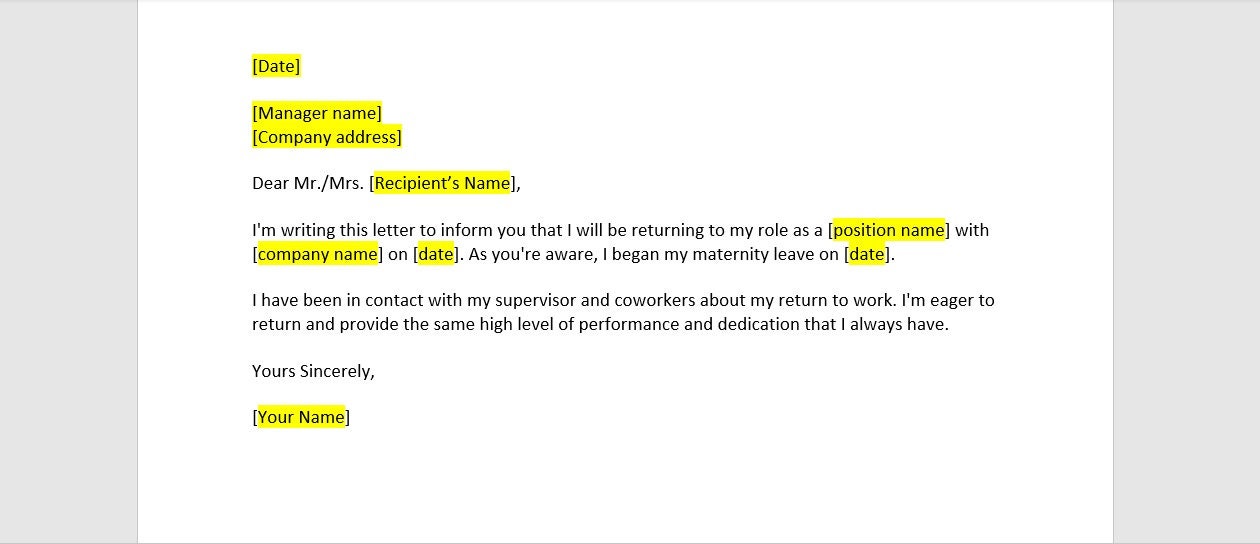 Returning After Maternity Leave Letter Template Returning After 