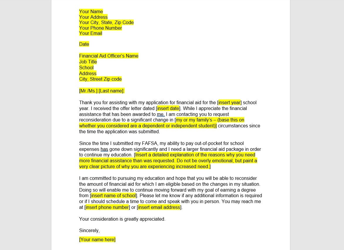 Financial Aid Appeal Letter Template Financial Aid Appeal Letter 