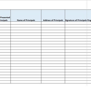 May include: A blank notary journal template with columns for date on document, date notary performed, type of notarization, document type, ID type presented by principals, name of principal, address of principals, signature of principals, finger print of principals, notary fee, and notes.