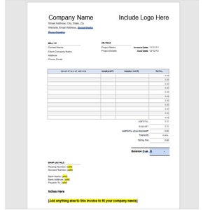 May include: A blank invoice template with the title "Company Name" and "Include Logo Here". The invoice includes fields for billing information, description of services, quantity, hourly rate, total, subtotal, discount, tax, and balance due. The invoice also includes a section for bank details.