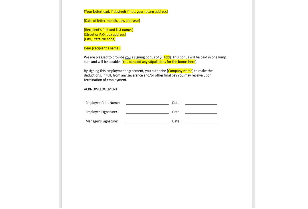 Employee Sign on Bonus Letter Template, Employee Sign on Bonus Letter Employee Sign on Bonus Letter Template, Employee Sign on Bonus Letter
