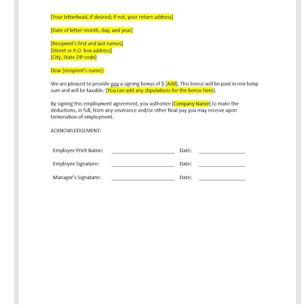 Employee Sign On Bonus Letter Template, Employee Sign On Bonus Letter, Employee Sign On Bonus Template, Word Template, Simple Letter