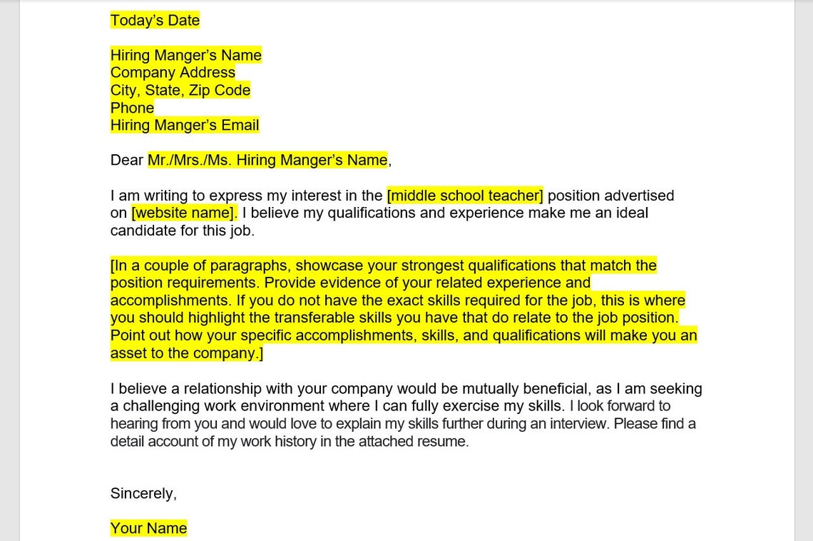 Middle School Teacher Cover Letter, Cover Letter Template, Editable ...