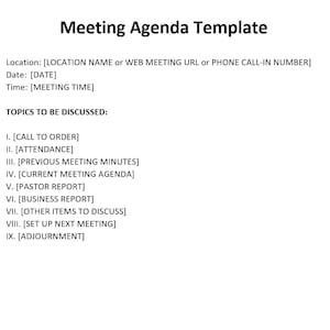 Plantilla de actas de reuniones de la iglesia, agenda de reunión, agenda de reunión de la iglesia, agenda de la iglesia, plantilla de Word, reunión simple