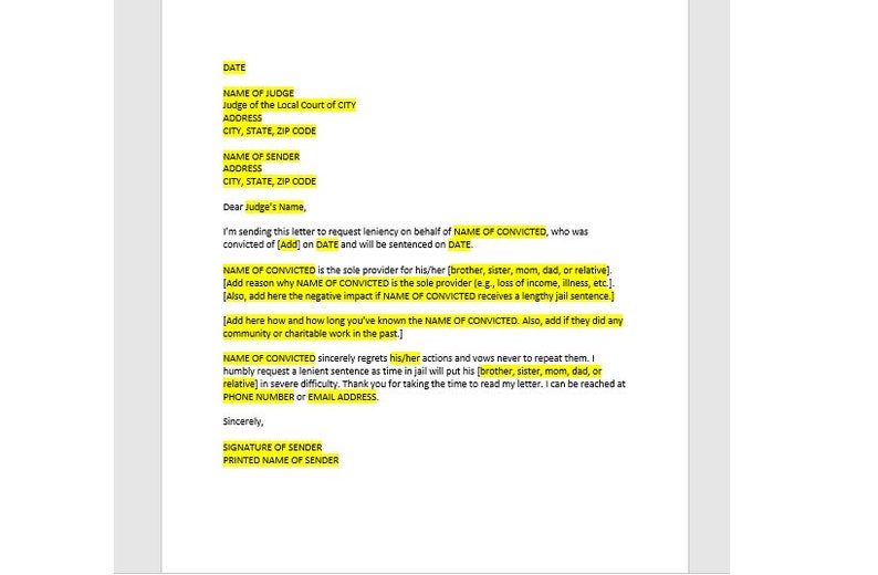 Editable Letter of Leniency to Judge Template, Letter of Leniency ...