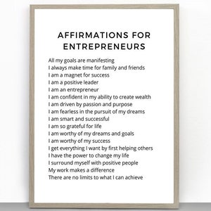 May include: A printable poster with black text on a white background. The text reads "Affirmations for Entrepreneurs" and includes a list of positive affirmations for entrepreneurs.