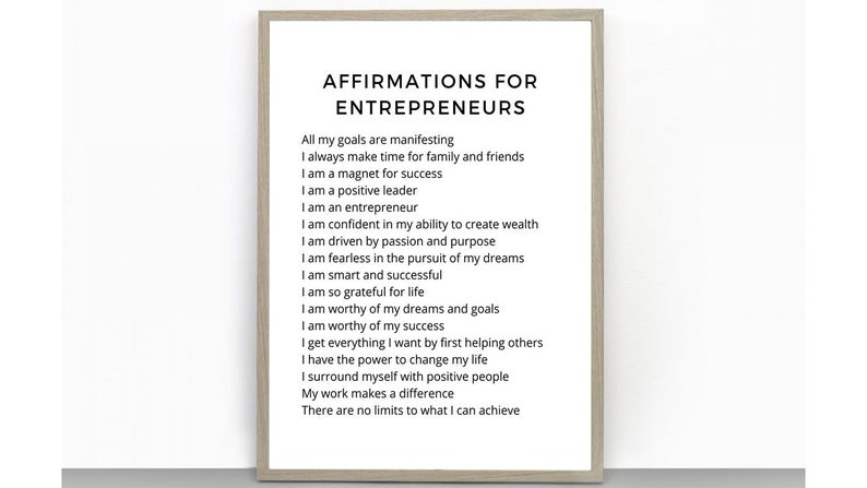 May include: A printable poster with black text on a white background. The text reads "Affirmations for Entrepreneurs" and includes a list of positive affirmations for entrepreneurs.