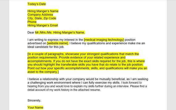 Lettera di presentazione della tecnologia di imaging medico, modello di lettera di presentazione, lettera di presentazione modificabile, modello di ...
