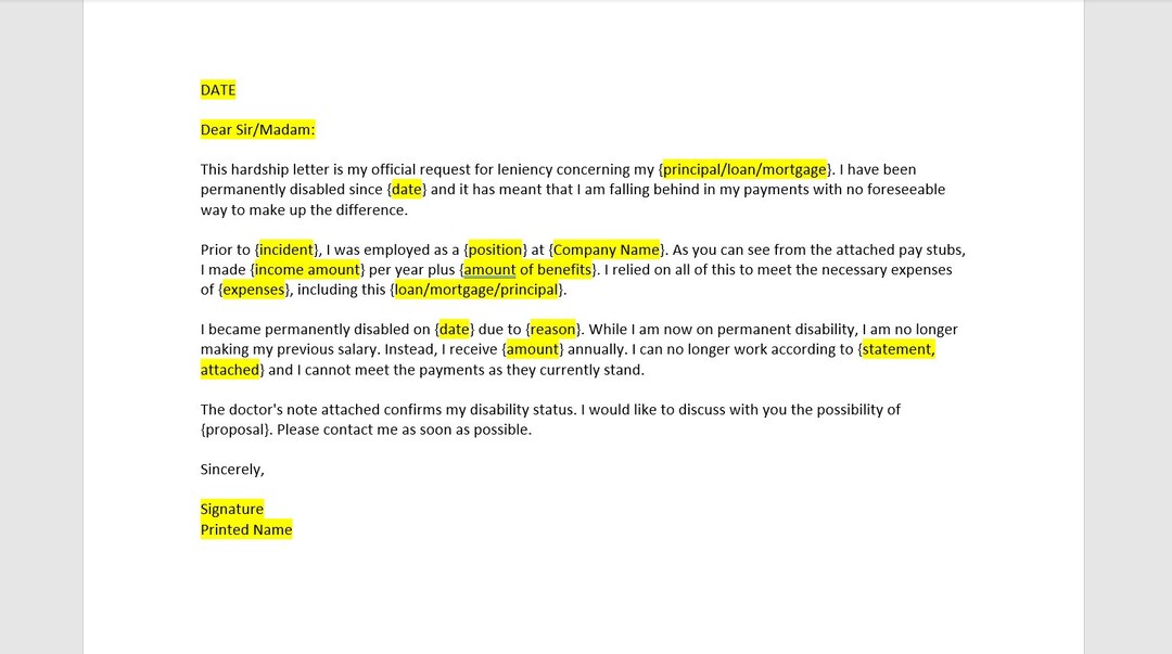 Hardship Letter Due to Permanent Disability, Hardship Letter Due to