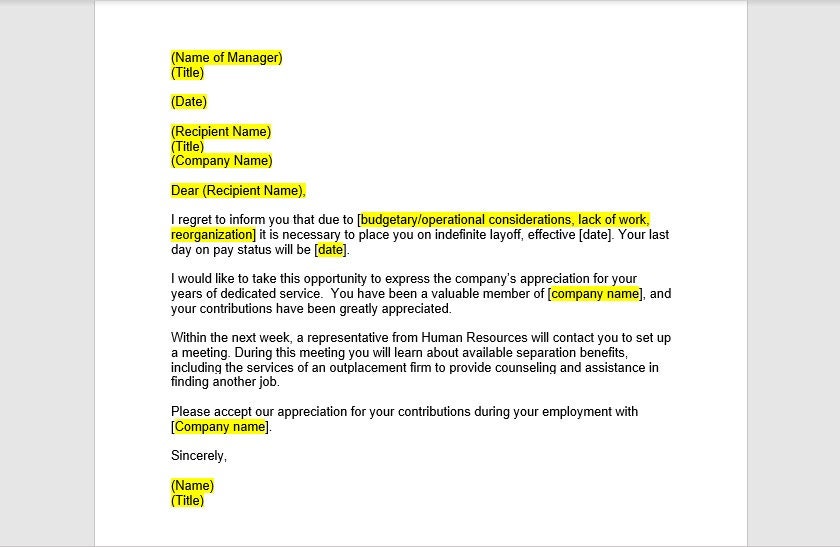 Indefinite Job Layoff Letter, Layoff Letter Template, Layoff Letter ...