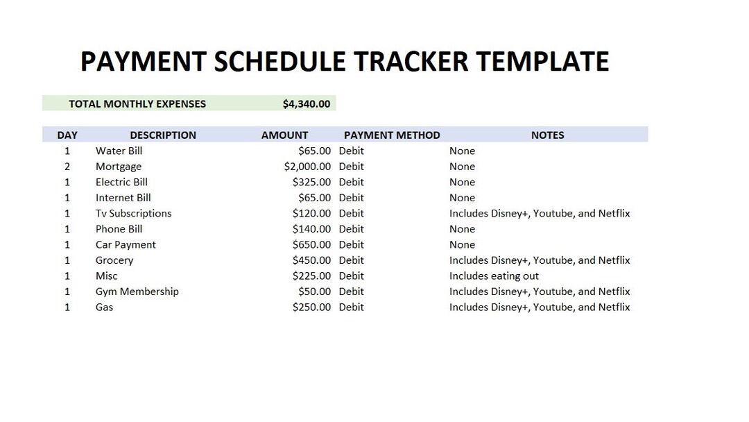 Editable Payment Schedule Tracker Template, Payment Schedule Tracker