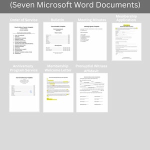 May include: A gray graphic with the text "CHURCH BUNDLE" and "(Seven Microsoft Word Documents)". The image displays seven Microsoft Word document templates, including an Order of Service, Bulletin, and Meeting Minutes.