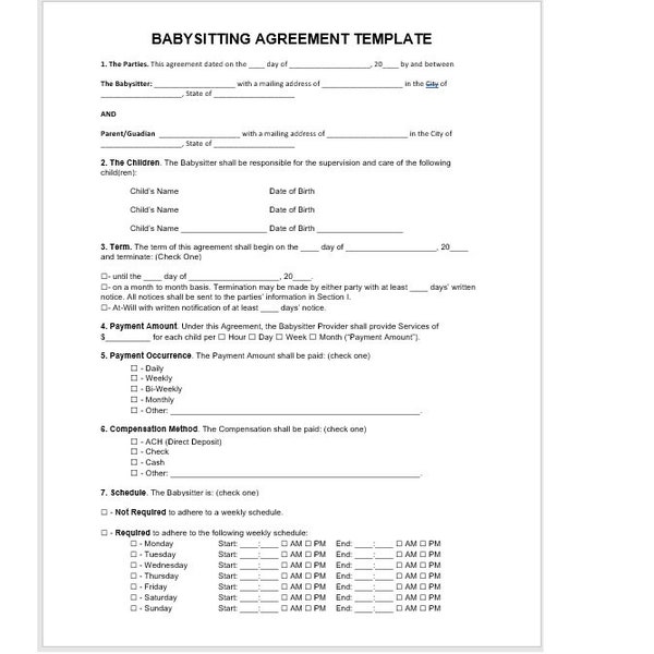 Editable Babysitting Agreement, Babysitting Agreement, Babysitting Contract Template, Agreement Template, Editable Word Template, Template