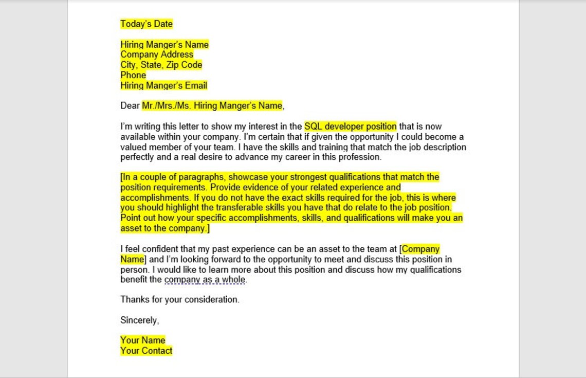 SQL Developer Cover Letter, Cover Letter Template, Editable Cover ...