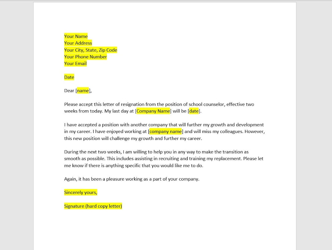 School Counselor Resignation Letter, School Counselor Letter, School