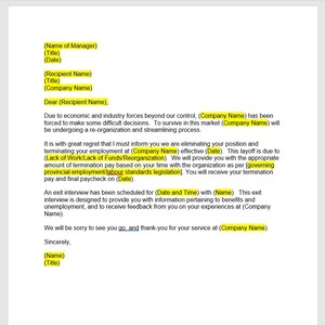 Carta de despido de trabajo, Plantilla de carta de despido, Carta de despido, Plantilla de despido, Palabra de despido, Plantilla de Word, Carta simple, Carta de palabra editable