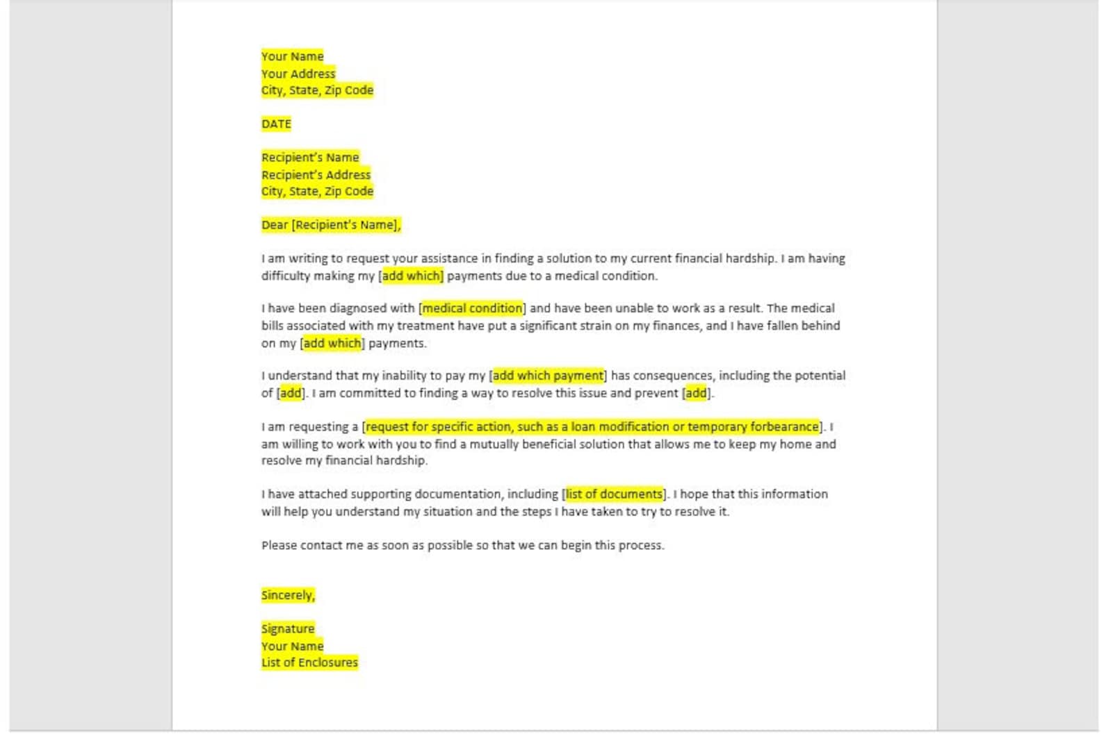 Medical Hardship Letter Template Medical Hardship Letter Etsy