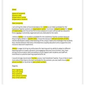 Plantilla de carta de recomendación de maestro sustituto, carta de recomendación de maestro sustituto, carta de presentación de maestro sustituto, plantilla de Word