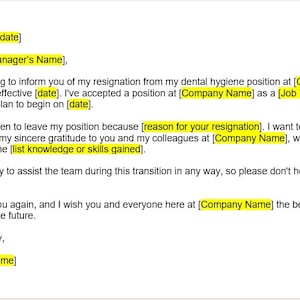 Dental hygienist Resignation Letter Template, Resignation Letter, Resignation Template, Resignation Letter Template, Word Template