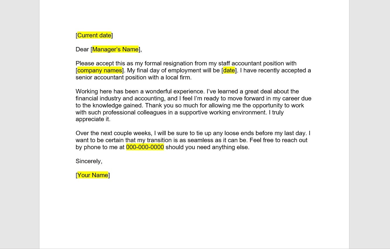 Accountant Resignation Letter Template, Resignation Letter, Resignation