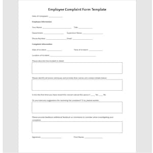 Editable Employee Complaint Form Template, Complaint Template, Complaint Form, Employee Complaint, Word Template, Simple Template