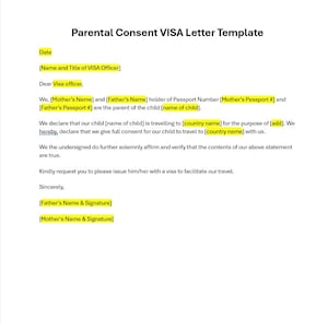 Modelo de carta de consentimento dos pais, formulário de consentimento dos pais, modelo de permissão para viajar, carta simples, modelo do Word, modelo editável