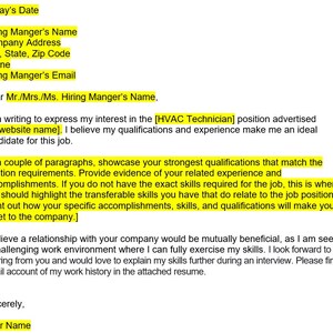 Carta de presentación del técnico de HVAC, Plantilla de carta de presentación, Carta de presentación editable, Plantilla de carta de presentación, Plantilla de Word, Carta simple