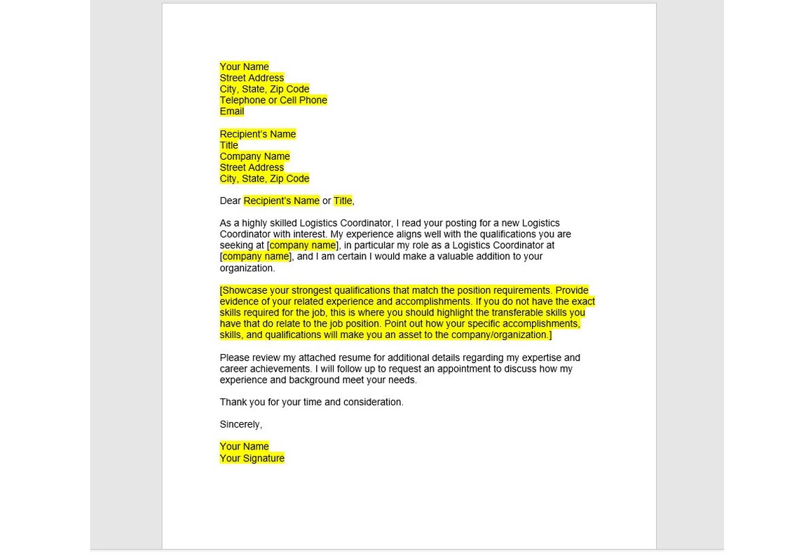 Logistics Coordinator Cover Letter, Cover Letter Template, Editable