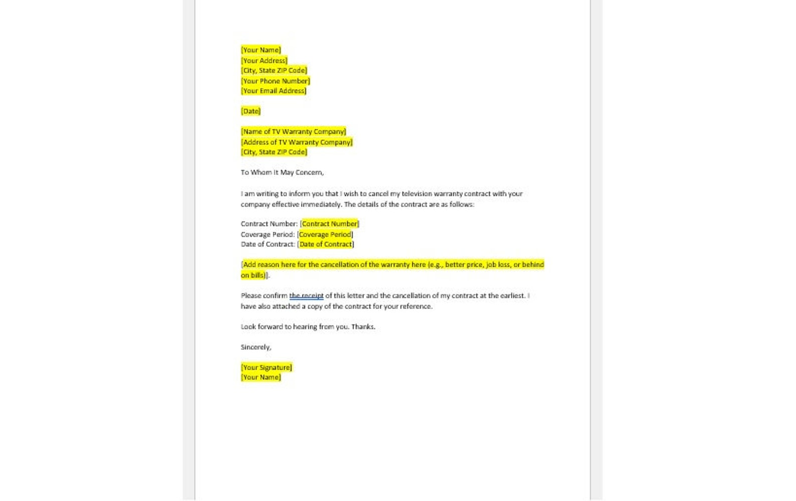 Television Warranty Cancellation Letter, Television Warranty