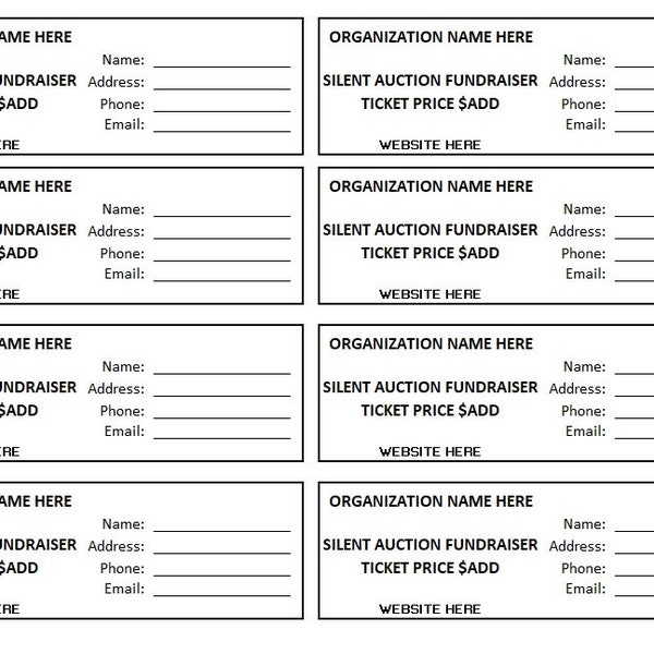 Silent Auction Printable Funraiser Ticket, Editable Silent Auction Fundraiser Ticket, Silent Auction  Printable Raffle Ticket Template